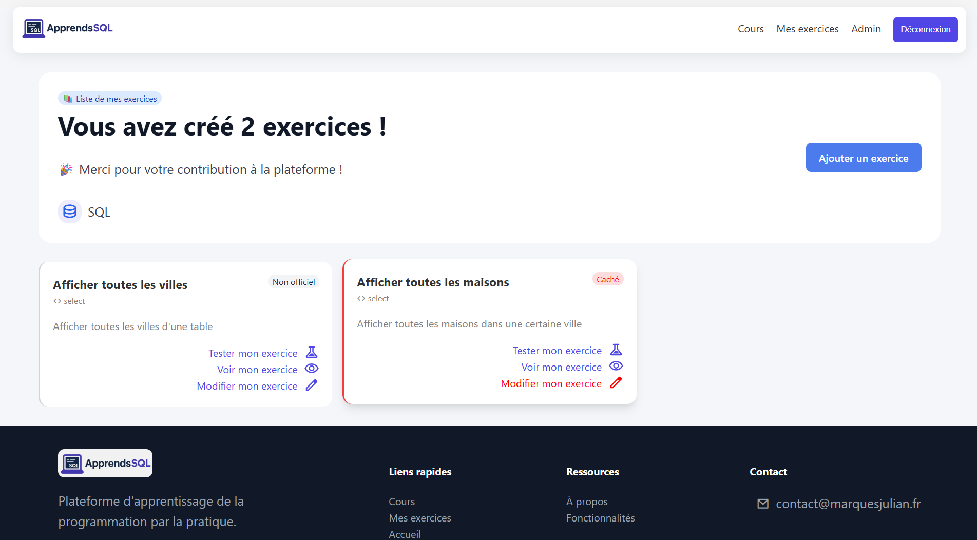 page principale : mes exos